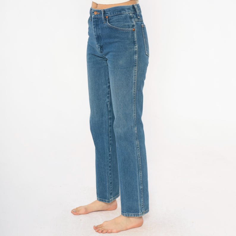 90-tals Wrangler-jeans med hög midja, raka ben, ljusblå tvättade denimjeans, bomull, vintage, klassiska, vardagliga, enkla byxor, 30x32, medium bild 12