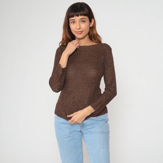 Brown Knit Sweater 90s Chunky Textured Pullover Fitted Chocolate Button Detail Vintage Jumper Round Neck Cozy Warm Autumn Winter Medium M