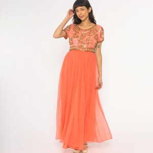 60s Beaded Maxi Dress Coral Peach Sequin Gold Evening Formal Party Prom Short Sleeve Chiffon Skirt Vintage Cocktail Gown Bridesmaid Medium M