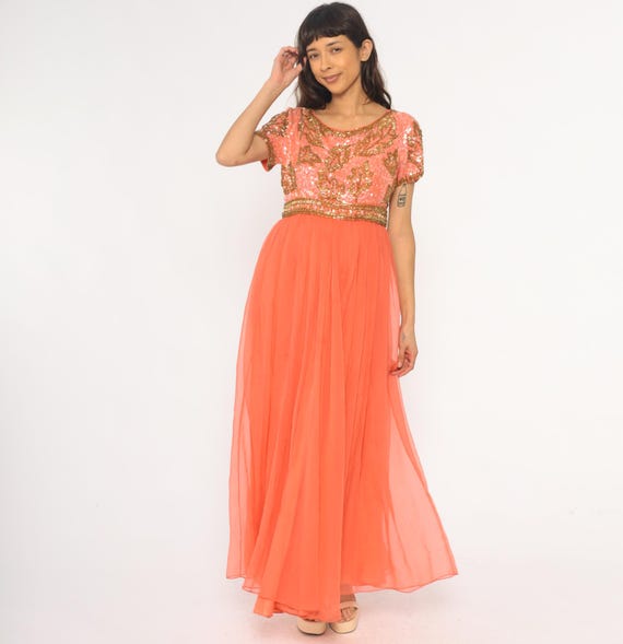 60s Beaded Maxi Dress Coral Peach Sequin Gold Evening Formal Party Prom Short Sleeve Chiffon Skirt Vintage Cocktail Gown Bridesmaid Medium M