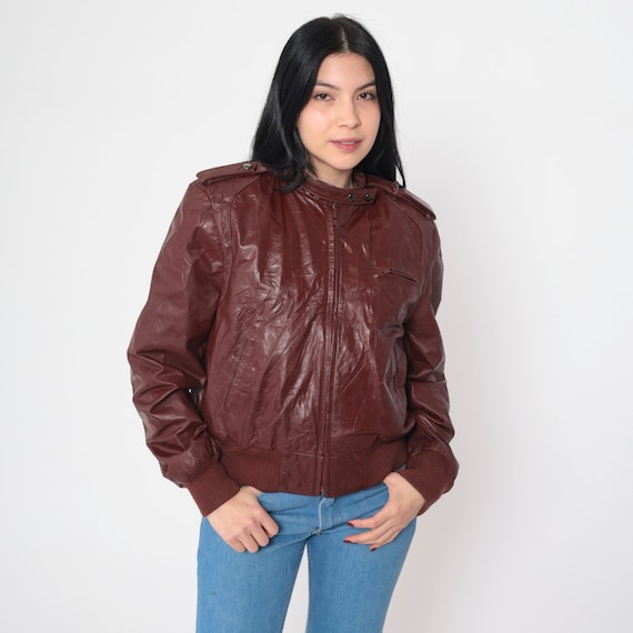 Leather Bomber Jacket 80s Mahogany Brown Zip Up Leather Jacket Biker Coat Moto Boho Motorcycle Retro Shoulder Epaulette Vintage 1980s Small