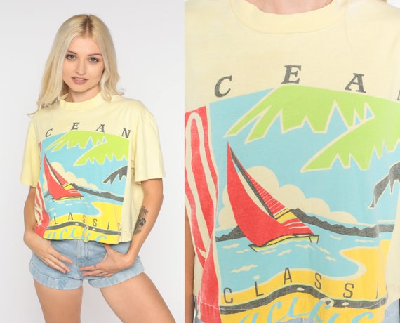 Ocean Pacific TShirt Yellow Sailboat T-Shirt 90s Sailor Shirt Classic Nautical Boat Graphic Tee Beach Summer Sailing Vintage 1990s Medium M