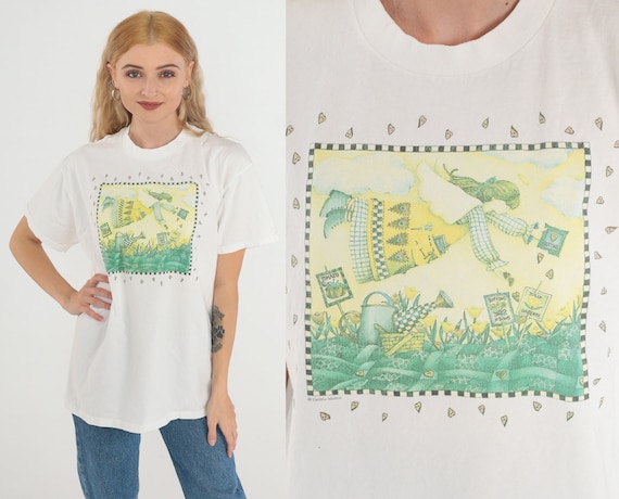 Gardening T-Shirt 90s Floral Shirt Angel Flower Vegetable Garden Graphic Tee Hippie TShirt White Retro Vintage 1990s Plant the Earth Medium