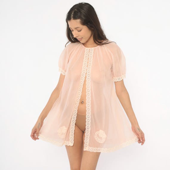 Sheer Pink Baby Doll Nightgown Lace Trim Puff Sleeve Blush Babydoll Mini Slip 70s Lingerie Robe Peignoir Nylon Lorraine Vintage Extra Small