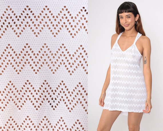 White Mesh Dress Y2K Sheer Zig Zag Cut Out Dress Micro Mini Racerback Sundress Cutout Beach Cover Up Dress V Neck 00s Vintage Sun Medium