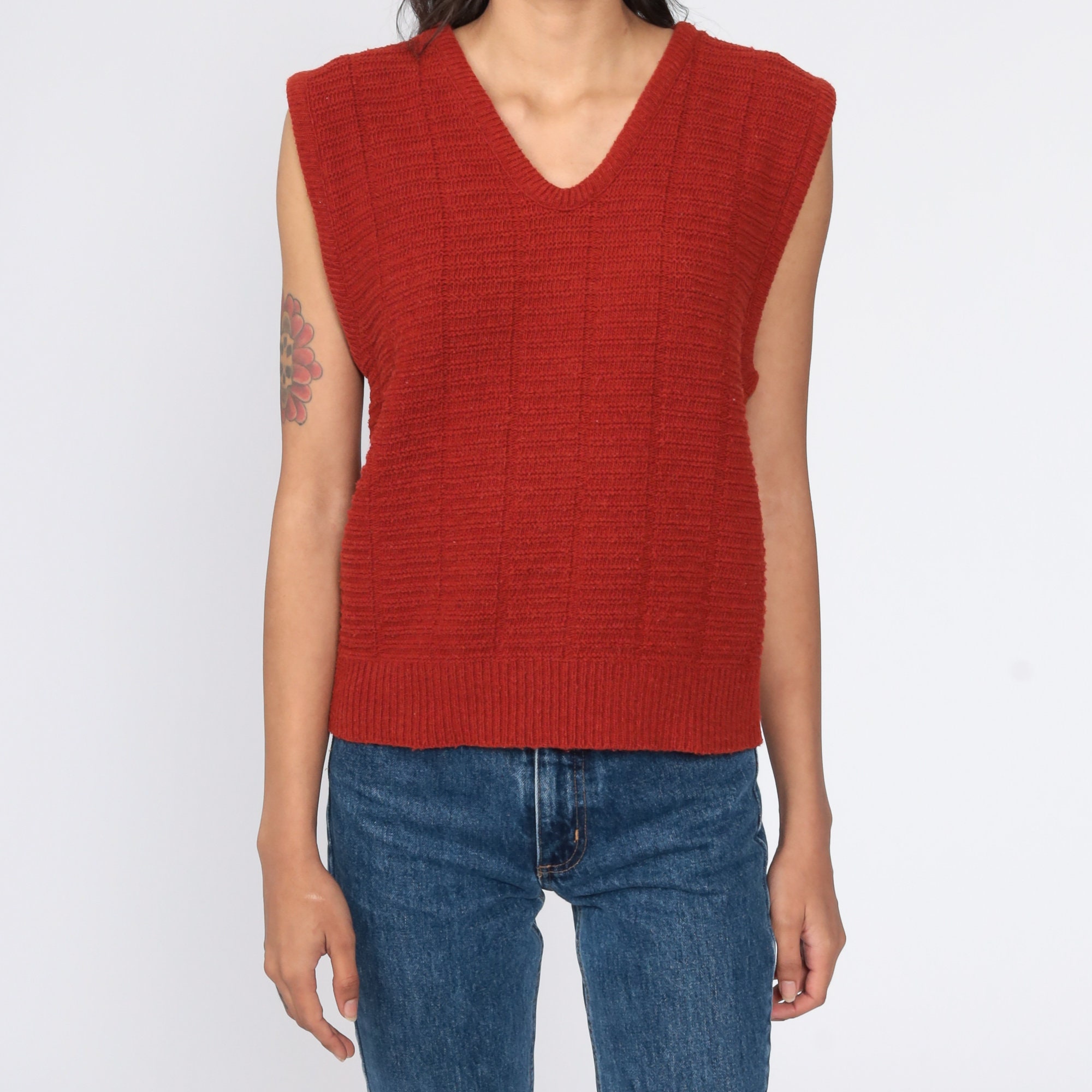 vintage 70s orange knit sleeveless top ribbed tangerine top boho knit vest mod sleeveless vest scoop sweater tank