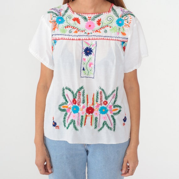 White Floral Blouse 90s Mexican Embroidered Top P… - image 6