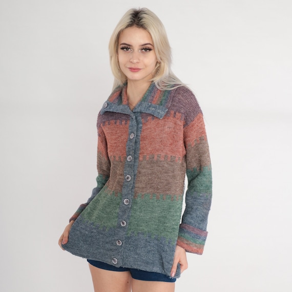 70s Striped Cardigan Knit Button Up Sweater Muted Orange Blue Purple Green Color Block Retro Seventies Knitwear Vintage 1970s Medium M
