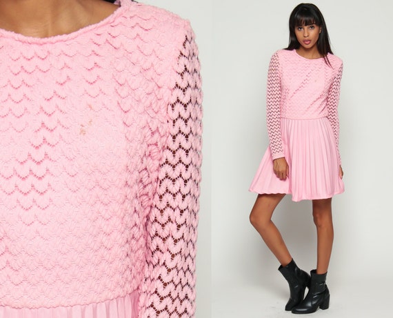 Pink Lace Dress 70s Crochet Boho Party Mini PLEATED Mod Sheer Long Sleeve Pastel 1970s Bohemian Cut Out Prom Vintage High Waisted Small xs