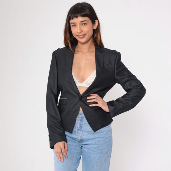 Vintage Y2K Black Fitted Blazer Military Style Shiny Deep V Neck Epaulette Jacket Gothic Office Button Up Sports 00s Extra Small xs