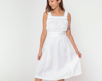 Vintage White Boho Sundress 70s Cottagecore Midi Dress Boho Prairie Floral Trim Sleeveless Bohemian Summer Sun High Waist 1970s Small