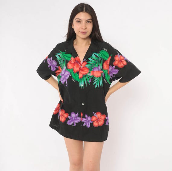 80s Hawaiian Shirt Black Tropical Hibiscus Floral Print Aloha Camp Collar Button Front Short Sleeve Vacation Loose Fit Unisex Top Large L