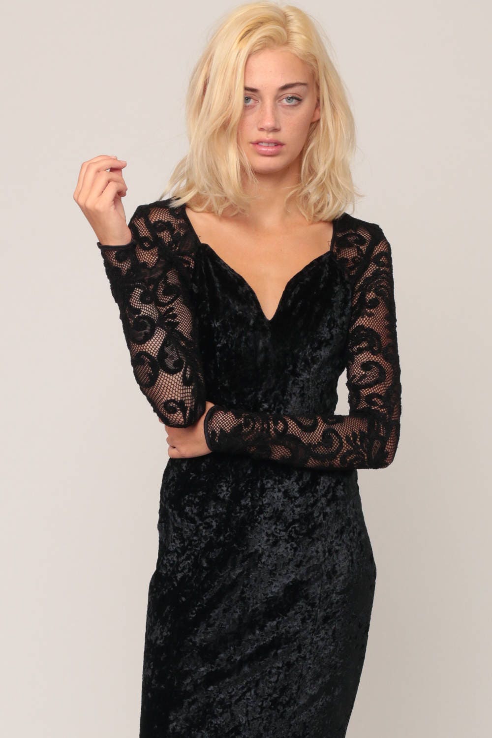 Velvet Lace Dress 90s Black Velvet SHEER LACE MESH Party Vamp Bodycon ...