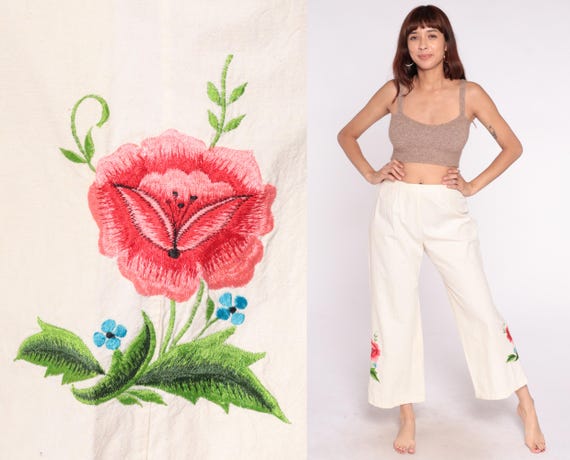 Floral Embroidered Pants 80s Cream White Wide Leg High Waist Palazzo Cotton Cottagecore Hippie Vintage Summer Garden Trousers Medium M
