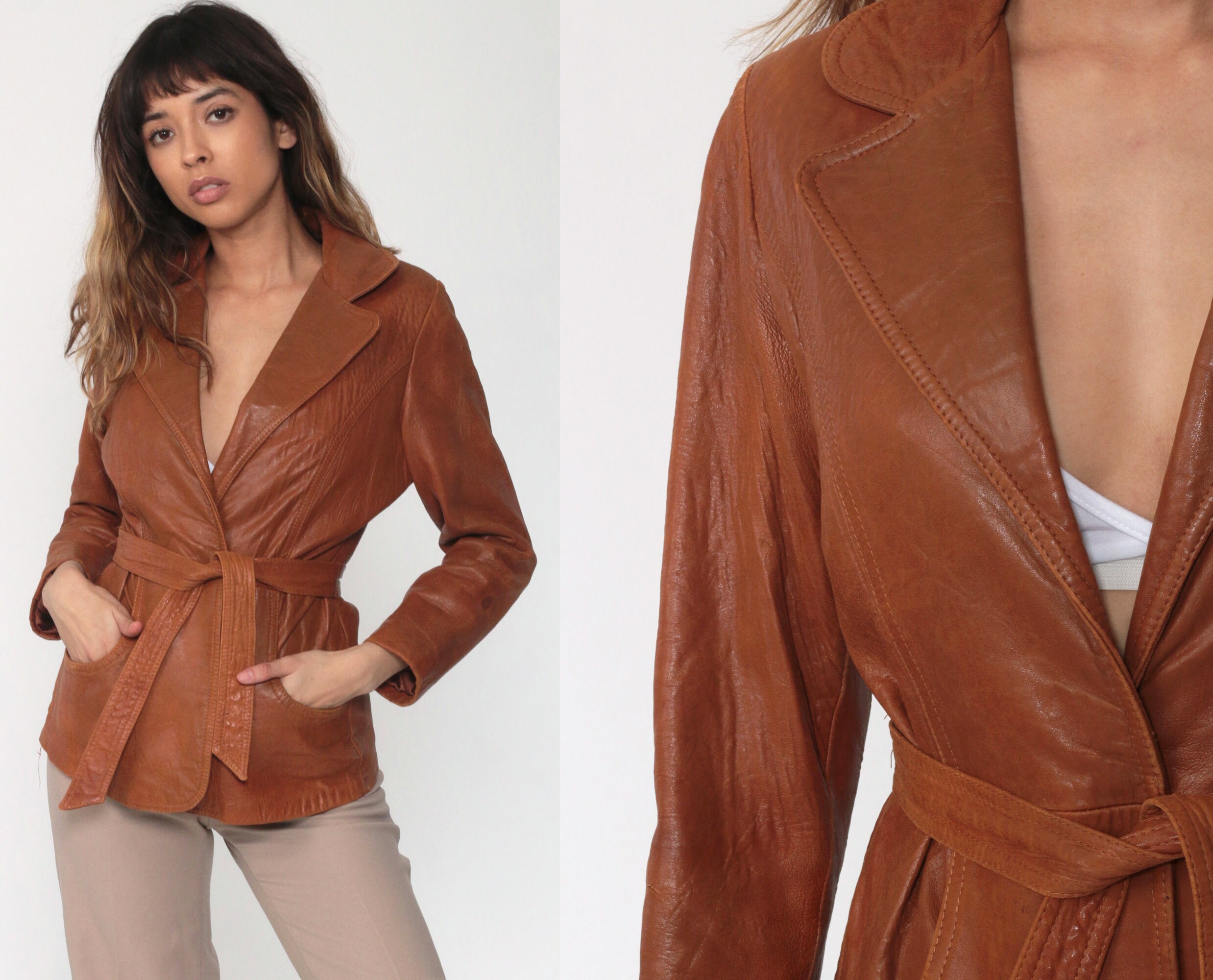 70s Leather Jacket Belted Wrap Jacket Brown Leather Jacket Bohemian Coat Boho Hippie Jacket 