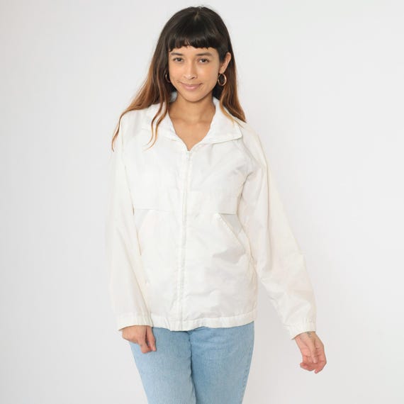Vintage White Nylon Windbreaker Jacket 80s Zip Up Jacket Plain Retro 1980s Spring Fall Long Raglan Sleeve Current Seen Small S