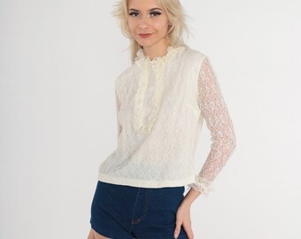 Victorian Lace Blouse 70s White Floral Shirt Ruffled High Neck Top Retro Darling Romantic Long Sheer Sleeve Flower Feminine Vintage 1970s XS