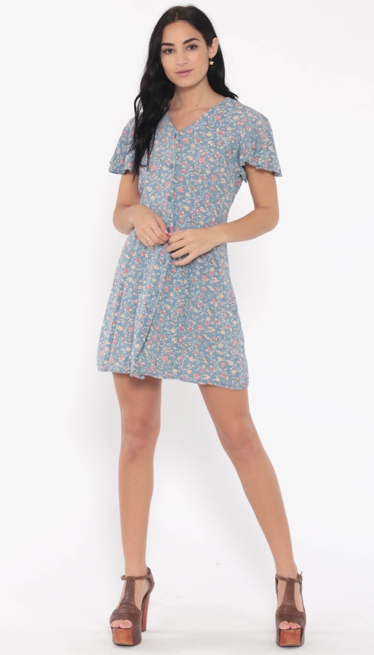 Blue Floral Dress Grunge Mini 90s Flower Print Flutter Sleeve Button Up