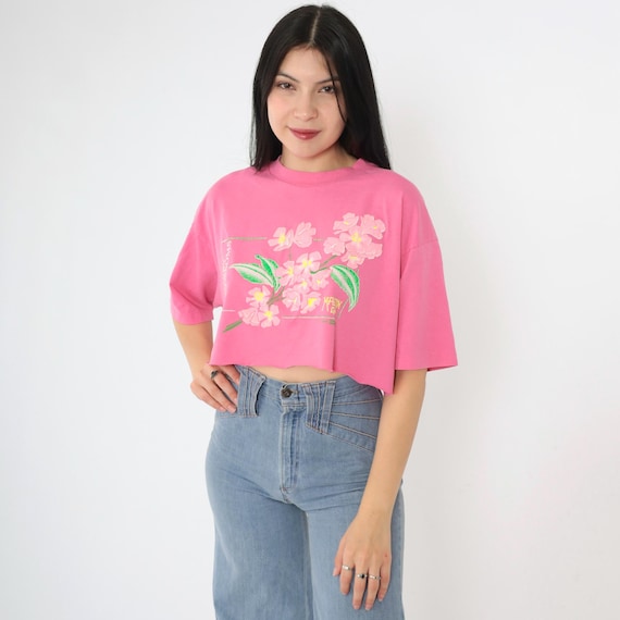 Vintage Cherry Blossom Crop Top 90s Macon Georgia Cropped T-Shirt Pink Floral Print Tee 1990s Raw Cut Off Extra Large xl
