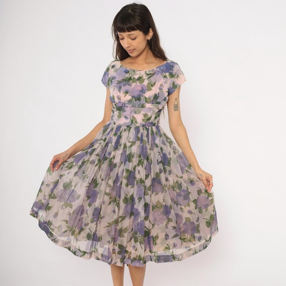 60s Lavender Floral Chiffon Dress Fit n Flare Purple Rose Gathered Skirt Cap Sleeve Violet Garden Party Frock Green Leaf Tea Vintage S to M