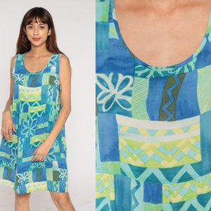 Floral Mini Kleid Y2K Tropisch Ärmellos Surfer Kleid Aloha Sommerkleid Retro Sommer Loose Flowy Shift Blau Grün Vintage 00s Rayon Medium M