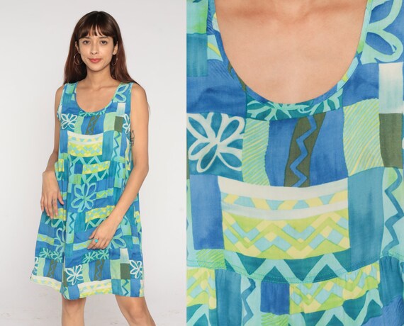 Floral Mini Dress Y2K Tropical Sleeveless Surfer Dress Aloha Sundress Retro Summer Loose Flowy Shift Blue Green Vintage 00s Rayon Medium M