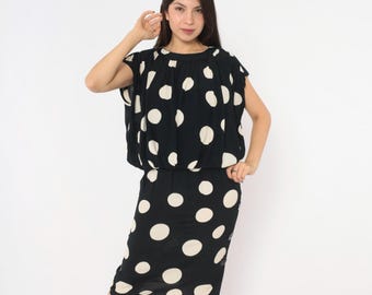 90s Polka Dot Midi Dress Black Cream Blouson Cap Sleeve Chetta B White Cocktail Pin Up Corporate Goth Rockabilly Alt Formal Vintage Small S
