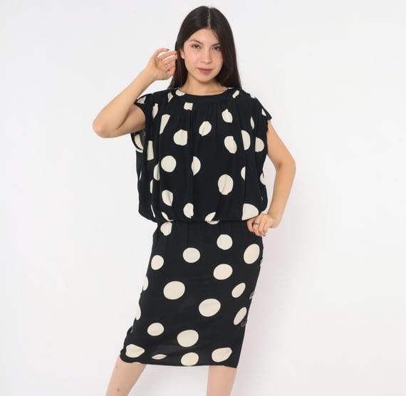 90s Polka Dot Midi Dress Black Cream Blouson Cap Sleeve Chetta B White Cocktail Pin Up Corporate Goth Rockabilly Alt Formal Vintage Small S
