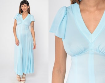 Baby Blue Dress 70s Puff Sleeve Maxi Dress Pastel Grecian Prom Dress Boho Empire Waist V Neck Retro Fairycore Vintage 1970s Extra Small xs