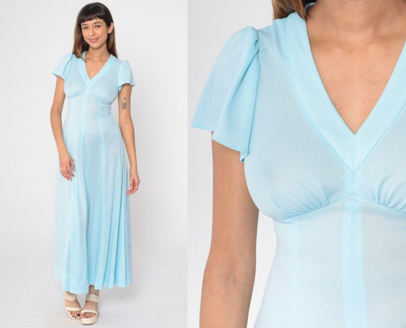 Baby Blue Dress 70s Puff Sleeve Maxi Dress Pastel Grecian Prom Dress Boho Empire Waist V Neck Retro Fairycore Vintage 1970s Extra Small xs