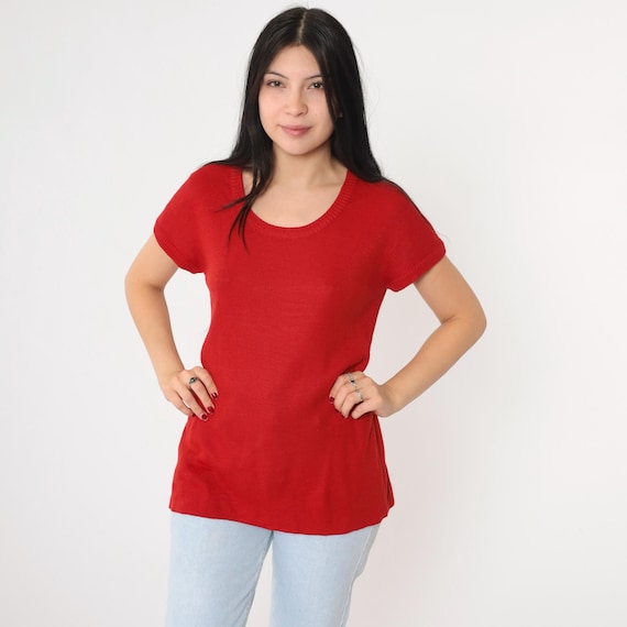 Vintage Red Knit Shirt 80s Sweater Top Retro Short Sleeve Plain Basic Longline Blouse 1980s Scoop Neck Loose Fit Normcore Small