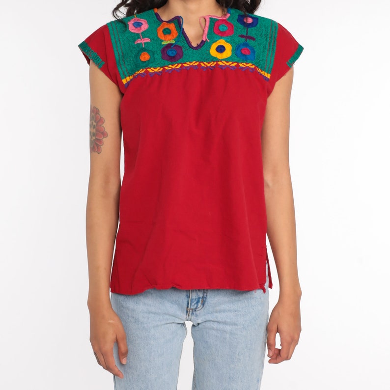 Mexican EMBROIDERED Blouse Hippie Top Floral Shirt Boho Shirt FESTIVAL Tunic Bohemian Vintage Retro Red Small image 5