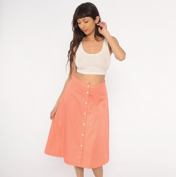 Polka Dot Skirt 80s Coral Button Front Salmon Pink Cream High Waist Cotton Knee Length Vintage Peach Prairie Summer Spring Pastel Small S