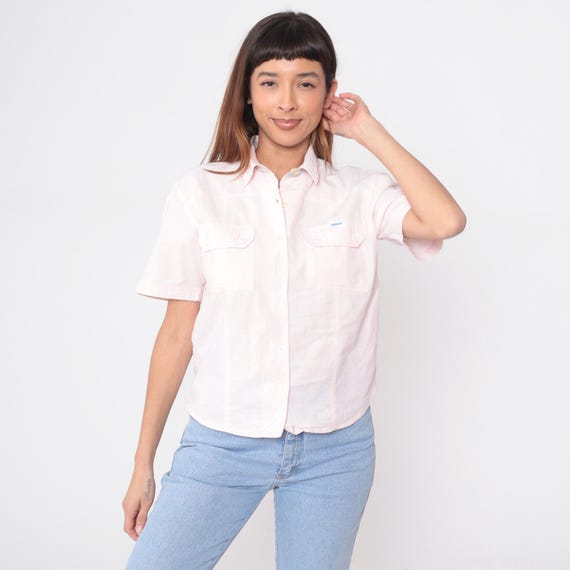 90s Pink Polo Shirt Short Sleeve Chest Pockets Collar Minimalist Blouse Preppy Office Work Casual Pale Rose Light Clean Girl Vintage Small S