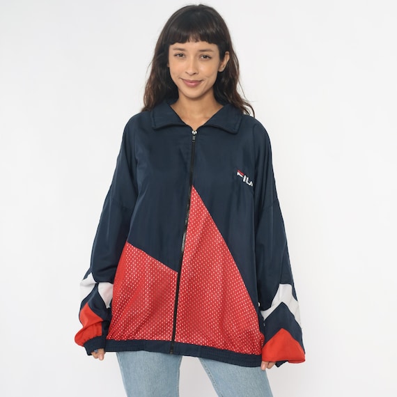 90s Fila Windbreaker Colorblock Navy Blue Red White Athletic Jacket Full Zip Track Streetwear Sportswear Vintage Gorpcore Extra Large XL
