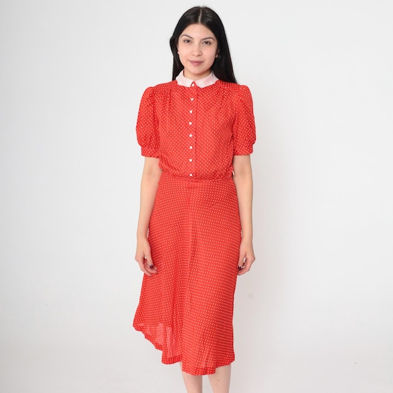 Vintage Polka Dot Dress 80s Red Button Up Short Puff Sleeve White Contrast Peter Pan Collar High Waisted Midi 1980s Extra Small xs
