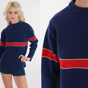 70er Jahre Pullover Marine Blau Rot Gestreift Boho Retro Pullover Wollmischung 1970er Jahre Vintage Boho Nerd Pullover Gestreift Hippie klein Medium