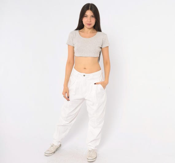 90s White Pleated Pants High Waist Cotton Tapered Leg Trousers Slouchy Baggy Front Yoke Waistband Cream Summer Minimal Womens Large L