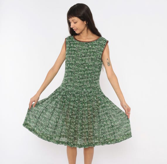 60s Sundress Marbled Print Dress Green Sleeveless Pleated Skirt Boat Neck Cotton Brown Leaf Pattern Summer Vacation Vintage Womens Large L