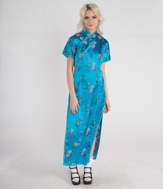 Blue Cheongsam Dress 90s Floral Maxi Dress Mandarin Collar Frog Button High Side Slit Asian Sheath Dress Short Sleeve Vintage 1990s Medium