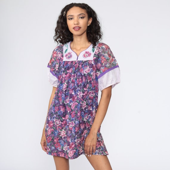 Floral Mini Dress Purple Tent Dress EYELET LACE Dress Boho 80s Bohemian Vintage 1980s Retro Trapeze Small