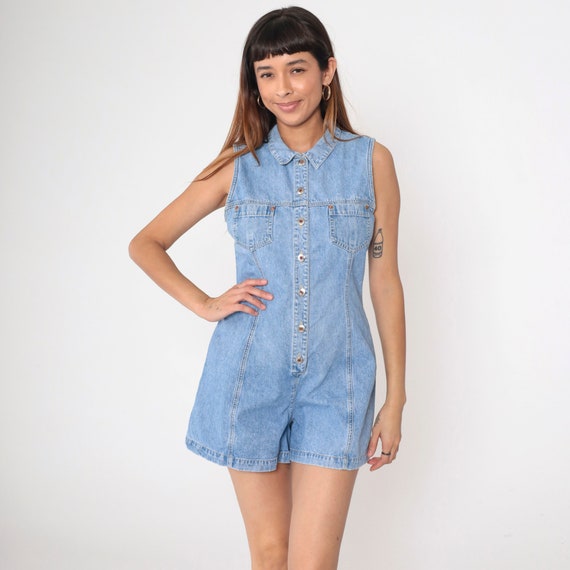 90s Denim Romper Keyhole Back Playsuit Jean One Piece Shorts Peekaboo Chambray 1990s Vintage Sleeveless Button Up Princess Seam Small