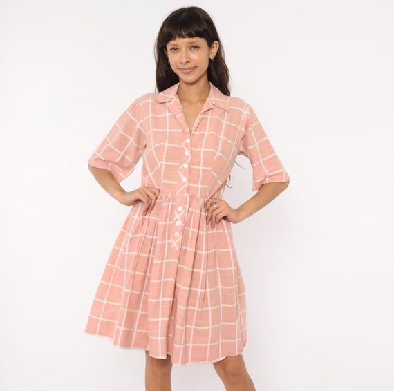 60s Pink Windowpane Shirtdress Summer Sundress Cotton Button Front Pleated Blush Plaid Fit Flare Cream Check Short Sleeve Vintage Large L