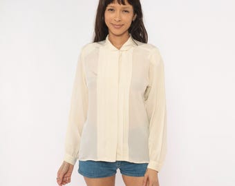80er Jahre Schiere Gepunktete Bluse Creme Peter Pan Kragen Versteckter Knopf Langarm Semi Sheer Swiss Dot Weiss Vintage Top Feminine Shirt S