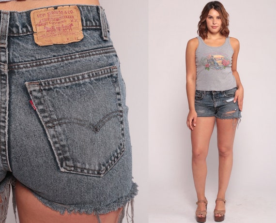Grey Levis Shorts Cut Off Shorts RIPPED 80s Denim Shorts Levi Cutoff Jean High Waist Cutoffs Frayed 90s Vintage Medium Large 10 12 31 32