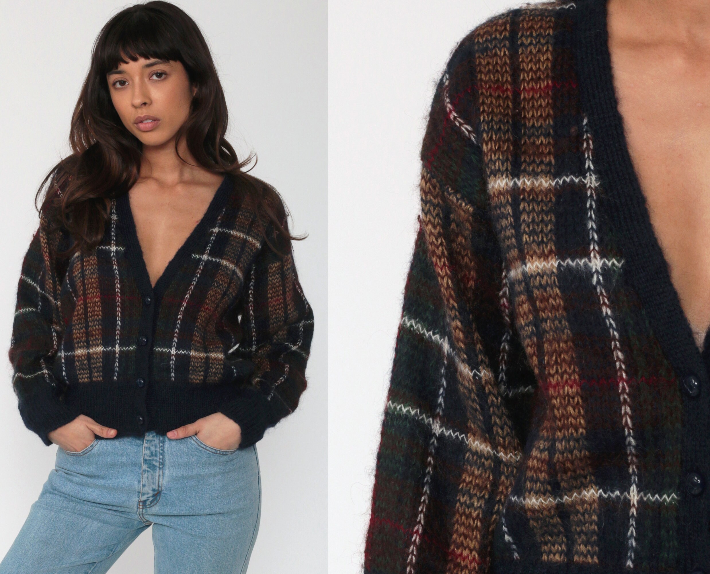 Mohair Plaid Cardigan 80s Sweater Black Brown Preppy Grandpa