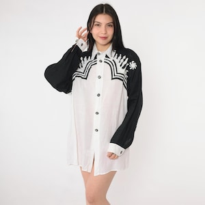 Vintage Byblos Shirt 90s Black White Linen Button Up Crest Embroidered Designer 1990s Avant Garde Long Sleeve Men&#39;s Italian 48 Medium