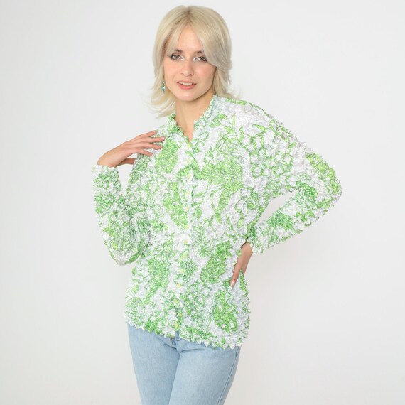 Vintage Y2K Popcorn Shirt Tropical Leaf Print White Green Long Sleeve Textured Magic Bubble Blouse Button Up Small Medium xs