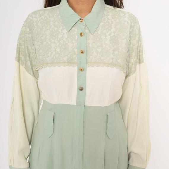 Sage Lace Dress 90s Mint Green Cream Color Block Button Front Long Sleeve Pointed Collar Gold Buttons Prairie Feminine Nerdy Vintage Large L