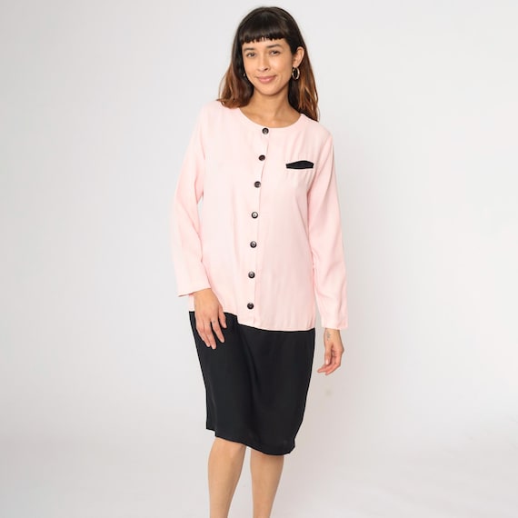 Vintage Pink Black Color Block Dress 80s Button Up Long Sleeve Pocket Mod Contrast Detail Colorblock 1980s Modest Secretary Pencil Medium
